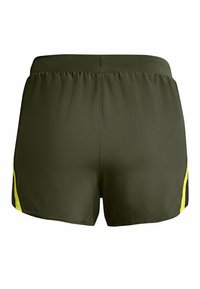 Gröna sportshorts med en mjuk textur, elastisk midja och kontrasterande svarta och gula sidopaneler. Inga fickor eller stängningar synliga.