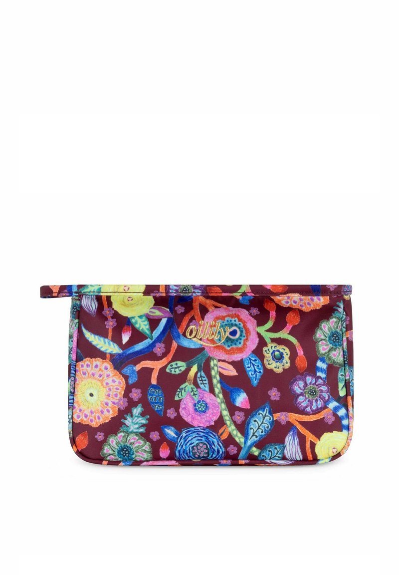 Bolsa con estampado floral en tela de color burdeos intenso, con flores coloridas y detalles. Incluye un diseño con solapa plegable y cierre seguro.