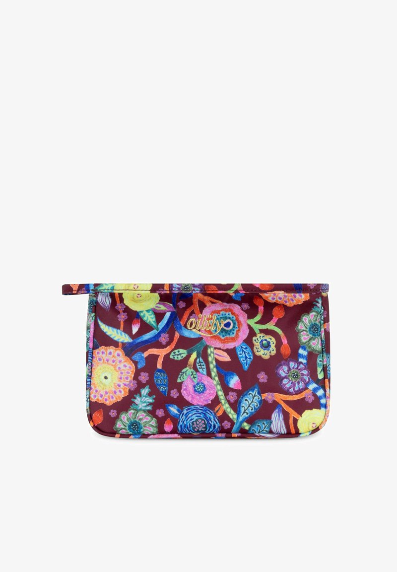 Bolsa con estampado floral en tela de color burdeos intenso, con flores coloridas y detalles. Incluye un diseño con solapa plegable y cierre seguro.