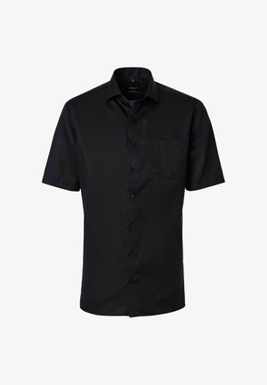 Sort kortærmet skjorte med knapper, med venstre brystlomme og klassisk krave, vist på en hvid baggrund.