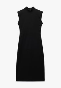 Vestido negro sin mangas con un escote alto, hecho de tela suave. Presenta una silueta ajustada y una cremallera oculta en la parte posterior.