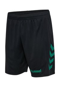 Zwarte sportshorts van lichtgewicht stof met een elastische tailleband, voorzien van een groen logo en een chevronpatroon aan de zijkant.