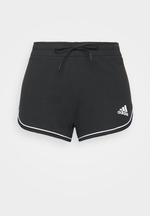 Shorts de sport Adidas noirs avec des bordures blanches, une taille réglable avec cordon de serrage et le logo Adidas sur la jambe gauche.