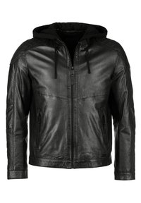 Schwarze Lederjacke mit Reißverschluss vorne, gesteppten Schulterakzenten, einer abnehmbaren schwarzen Kapuze und zwei vorderen Reißverschlusstaschen.