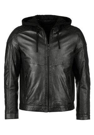 Czarna skórzana kurtka z zamkiem z przodu, pikowanymi akcentami na ramionach, odpinanym czarnym kapturem i dwiema przednimi kieszeniami na zamek.