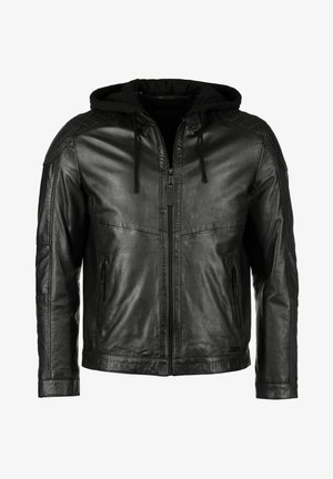 Czarna skórzana kurtka z zamkiem z przodu, pikowanymi akcentami na ramionach, odpinanym czarnym kapturem i dwiema przednimi kieszeniami na zamek.