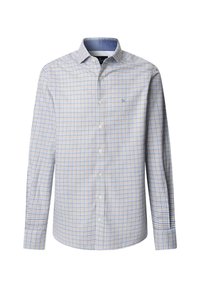 Langärmliges Hemd in Weiß mit einem blau-gelben Karomuster. Verfügt über einen Button-Down-Kragen und eine einzelne Brusttasche. Aus Baumwollstoff.