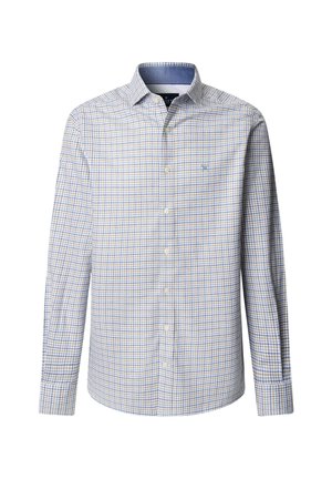 Camisa de manga larga en blanco con un patrón de cuadros en azul y amarillo. Cuenta con un collar abotonado y un solo bolsillo en el pecho. Tejido de algodón.