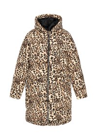 Leopardenmuster gepolsterter Mantel mit Kapuze, mittellangem Design, schwarzem Reißverschluss und zwei vorderen Taschen. Weicher Stoff.