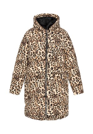 Pattent jakke i leopardprint med hætte, med en mellemlang design, sort lynlås og to frontlommer. Blød stoftekstur.