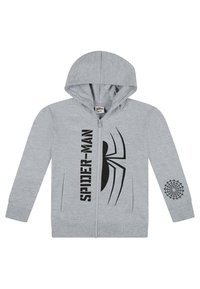 Felpa grigia con zip realizzata in materiale morbido, caratterizzata da una grande grafica di un ragno nero e il testo "SPIDER-MAN" sul davanti, con un dettaglio di ragnatela sulla manica.
