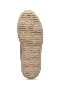 Suela de caucho con patrones circulares y acanalados; color marrón; superficie texturada para agarre; bordes ligeramente elevados a lo largo del perímetro.