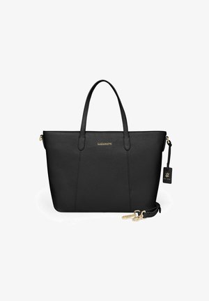 Sac fourre-tout en cuir noir avec une texture grainée, deux poignées et une bandoulière détachable. Équipé de quincaillerie en ton doré et d'une étiquette de marque.