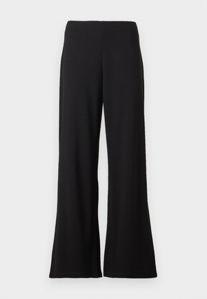 Black wide-leg pants with high waist and smooth fabric against a plain white background.