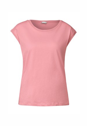 Vaaleanpunainen puuvillapaita, jossa on pyöreä kaula-aukko, lyhyet käännetyt hihat ja suora leikkaus. Tunnuksessa on "Street One" -brändi. Silkkinen pinta.