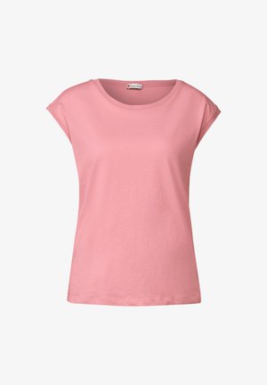 Vaaleanpunainen puuvillapaita, jossa on pyöreä kaula-aukko, lyhyet käännetyt hihat ja suora leikkaus. Tunnuksessa on "Street One" -brändi. Silkkinen pinta.