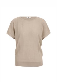 Beige stickad topp med rund hals, korta ärmar och vertikal ribbad textur. Lös passform med rak fåll och minimal detaljering.