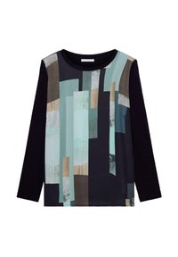 Langärmliges Oberteil mit schwarzem Körper, strukturierter abstrakter Mint- und brauner geometrischer Druck auf der Vorderseite, rundem Ausschnitt und weichem Stoff.