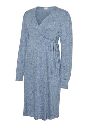 Vestito blu a maniche lunghe con scollo a V, cintura annodata in vita e tessuto strutturato. Presenta un motivo mélange e una vestibilità rilassata per il massimo comfort.