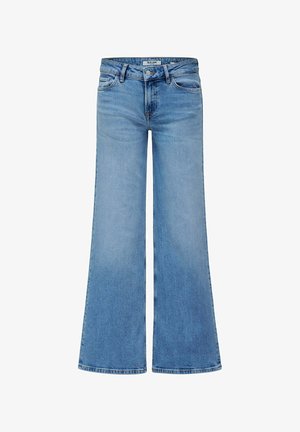 Jean bleu clair taille haute avec jambes larges, fermeture bouton et zip, poches avant et arrière, étalé à plat sur fond blanc.