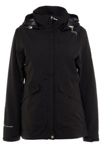 Veste imperméable noire à capuche avec fermeture éclair sur le devant, boutons-pression, deux poches à rabat et cordons de réglage de la capuche.