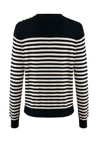 Maglione a righe nero e crema con maniche lunghe, orlo e polsi a coste, con bottoni decorativi sulla spalla. Tessuto morbido.