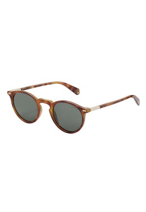 Gafas de sol redondas de carey con lentes verde oscuro. Diseño elegante con patas finas y detalles metálicos texturizados en las patillas.