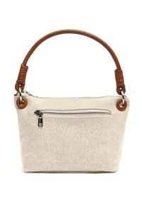 Borsa a tracolla in tela beige con manico in pelle marrone, chiusura con zip superiore e tasca con zip frontale. Texture liscia con cuciture minime.