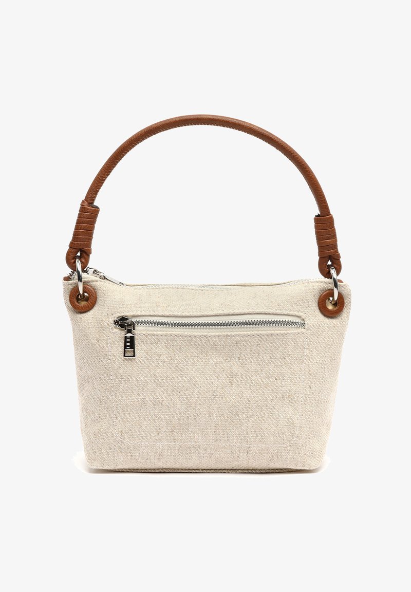 Beige plátěná kabelka s hnědou koženou rukojetí, horním zipovým uzávěrem a přední kapsou na zip. Hladký povrch s minimálním prošíváním.