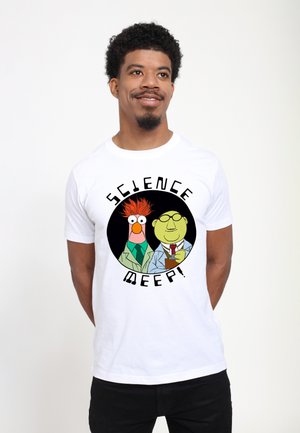Biały bawełniany T-shirt z okrągłym nadrukiem dwóch postaci z kreskówki, jedna z pomarańczowymi, kolczastymi włosami, druga w okularach, z napisem "SCIENCE MEEP!"