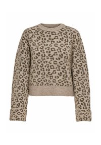 Beige sweater med en cropped design, der har en leopardprint i mørkebrunt. Lavet af blødt strikmateriale, har den ribbed manchetter og halsudskæring.