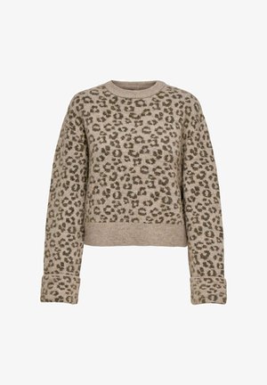 Beige neule, jossa on lyhyt malli ja tummanruskea leopardikuosi. Valmistettu pehmeästä neulemateriaalista, siinä on resorit hihansuissa ja kauluksessa.