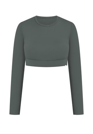 Langere mouwen cropped top in donkergroen, gemaakt van soepel, rekbaar materiaal met een ronde halslijn en minimale naaddetails.