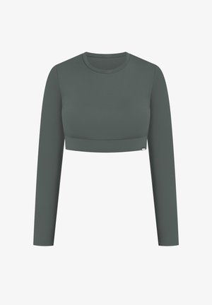 Czarny, długi rękaw, krótki top w ciemnozielonym kolorze, wykonany z gładkiego, elastycznego materiału, z okrągłym dekoltem i minimalnym wykończeniem szwów.