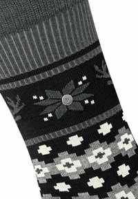 Calze di lana con un polsino a coste grigio, base nera, motivi floreali e fiocchi di neve in grigio chiaro e bianco, con un dettaglio del logo metallico.