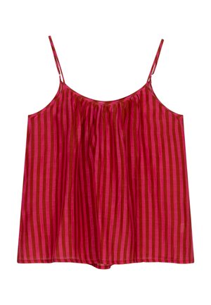 Mouwloos topje met verticale strepen in verschillende tinten roze. Lichtgewicht stof met een losse pasvorm en een detail van een geplooide halslijn.