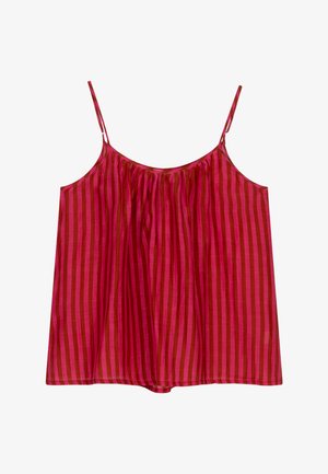Mouwloos topje met verticale strepen in verschillende tinten roze. Lichtgewicht stof met een losse pasvorm en een detail van een geplooide halslijn.
