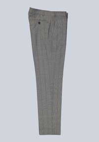 Grau karierte Hose mit maßgeschneiderter Passform, versehen mit einer mit Knopf verschlossenen Gesäßtasche und dezenten Strukturen. Hergestellt aus einem leichten Stoff.