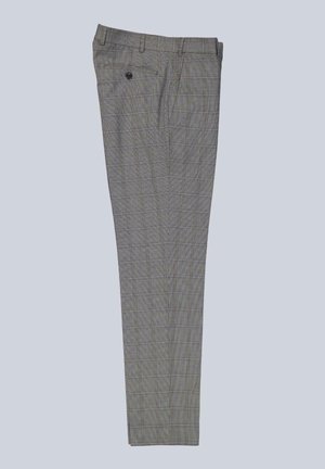 Grau karierte Hose mit maßgeschneiderter Passform, versehen mit einer mit Knopf verschlossenen Gesäßtasche und dezenten Strukturen. Hergestellt aus einem leichten Stoff.