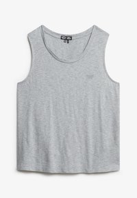 Top in cotone grigio, senza maniche, con scollatura rotonda, una leggera trama e un piccolo logo sul lato sinistro ante.
