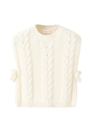 Veste sans manches en tricot couleur crème avec motif en torsades et détails de liens sur les côtés sur fond blanc.