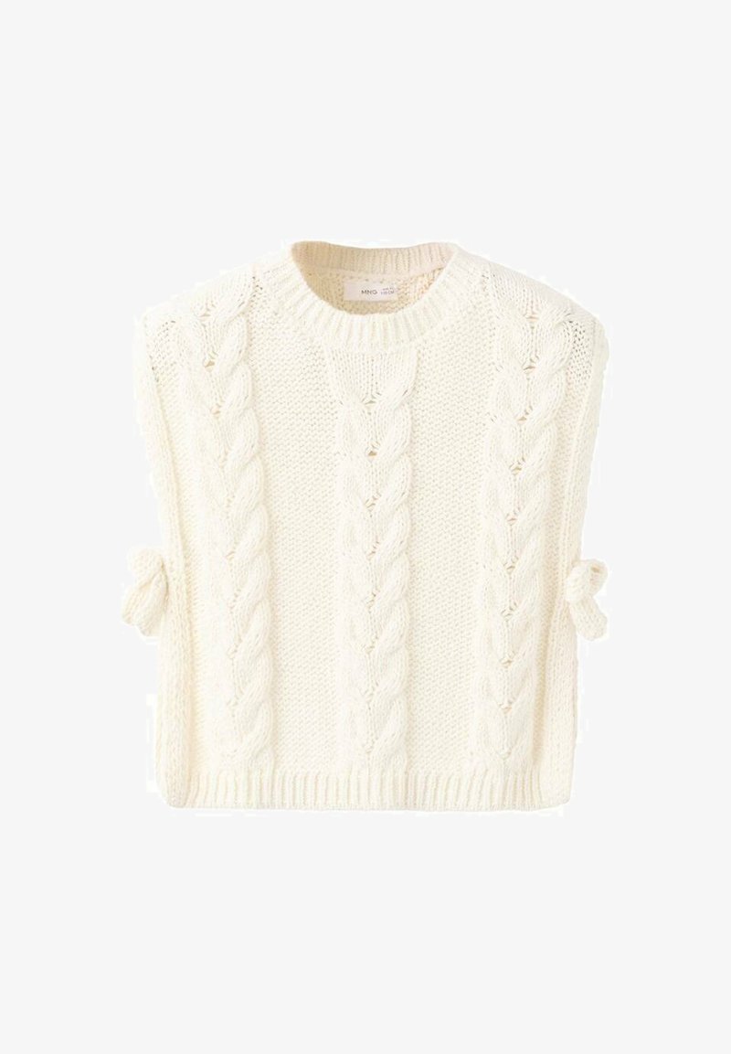 Kremasto barvna pletena brezrokavnik z vzorcem kavljaste pletenine in detajli zavezovanja ob straneh na belem ozadju.
