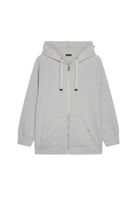Felpa grigia con zip e cappuccio, caratterizzata da dettagli in perle lungo il cappuccio e le tasche. Realizzata in un morbido tessuto testurizzato con maniche raglan.