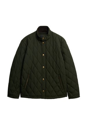 Dunkelgrüne gesteppte Jacke mit Stehkragen, Messingdruckknöpfen und zwei Reißverschlusstaschen vorne.