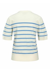 Kortærmet pullover i krème med blå vandrette striber. Fremstillet af blødt materiale, har en rund halsudskæring og ribbet kant.