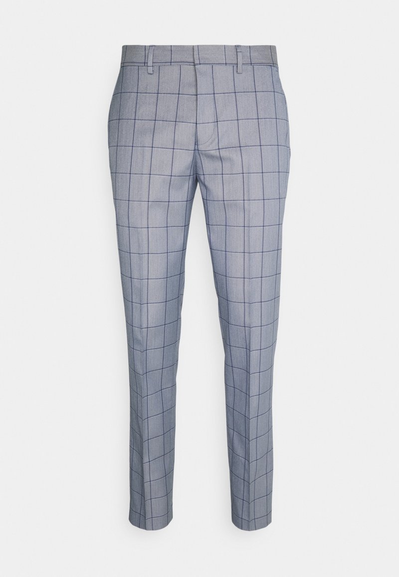 Pantalones gris claro con un patrón de cuadros en azul oscuro. Fabricados con tela suave, cuentan con un corte entallado y trabillas estándar para cinturón.