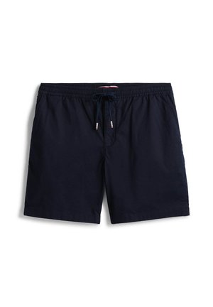 Marine svømmeshorts laget av lett stoff, med elastisk midjebånd, snor med metallspisser og sidelommer.