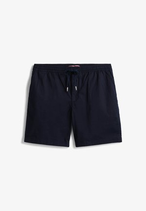 Șorturi de baie bleumarin dintr-un material ușor, cu un brâu elastic, șnur cu agrafe metalice și buzunare laterale.