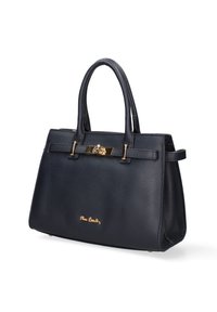 Borsa a mano in pelle nera con texture, dotata di manici doppi, chiusura a scatto color oro a forma di rosa e piccolo logo dorato sul davanti.