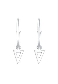 Des boucles d'oreilles argentées en forme de créole présentent un accent triangulaire pendulaire, une finition polie et un design minimaliste avec une découpe ouverte au centre.